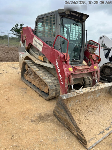 2019 Takeuchi TL10V2-CR Cab/Heat/AC, Rubber Tracks, Backup Alarm, Front & rear working Lights, Auxiliary Hydraulics, 2 Speed Travel, Engine Monitoring System, Hydraulic universal quick hitch w/76" HD smooth dirt bucket with bolt-on edge, 20.3 cubic feet capacity, 48" Pallet forks and frame
