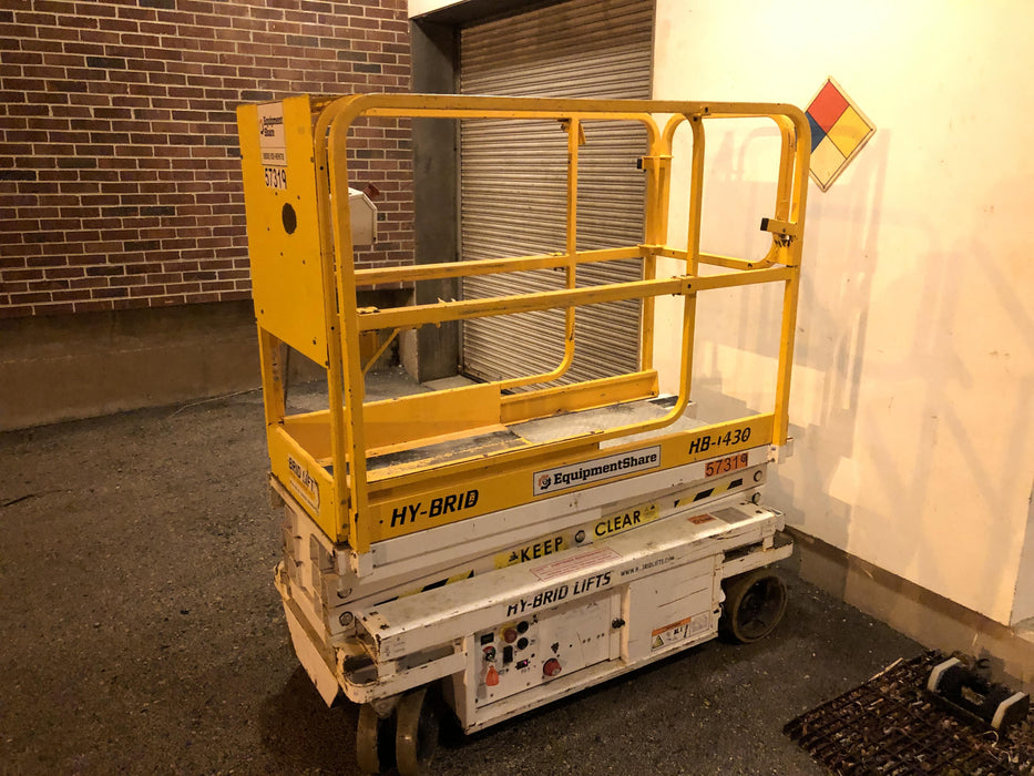 Custom Equipment HB-1430 Hy-Brid Scissor Lift
Platform capacity up to 670 lbs
Working height up to 20 ft
Weighs under 1,700 lbs
Non-marking wheels