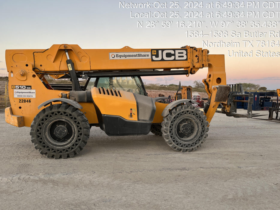 2018 JCB 510-56 JCB 510-56 Telehandler 74 HP w/CAB/HVAC, Beacon, Worklights, Aux Hydraulics, Solid Tires, 60" Carriage/Forks