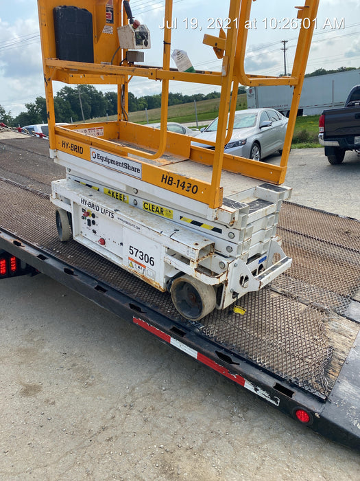 Custom Equipment HB-1430 <ul>
 <li>Hy-Brid Scissor Lift</li>
  <li>Platform capacity up to 670 lbs.</li>
  <li>Working height up to 20 ft</li>
  <li>Weighs under 1,700 lbs.</li>
  <li>Non-marking wheels </li>
</ul>