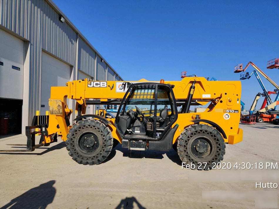 2019 JCB 510-56 Canopy, 74 HP, Solid Tires, STD Worklight, Beacon, Aux Hydraulics, Lifting Eye, Back up Alarm w/66" Carriage/60" Forks