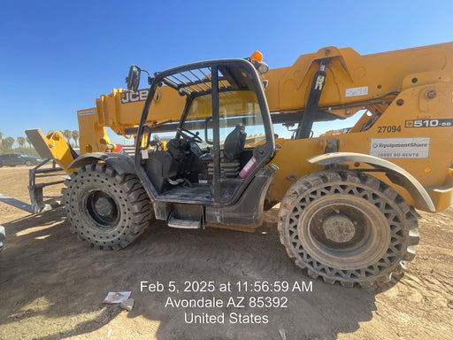 2019 JCB 510-56 74 HP w/Open ROPS, Beacon, Aux Hydraulics, Worklights, Solid Tires w/60" Carriage/Forks