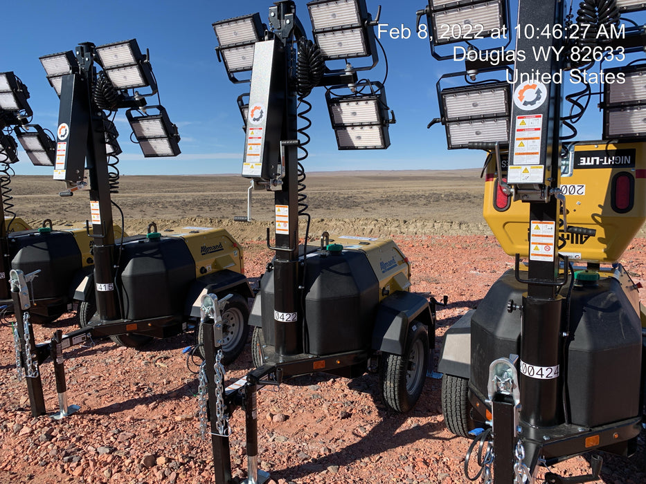 2022 Allmand NLV3GR (4) LED Light Fixture 350W, 23' Vertical Mast, 3kW Prime, Towable, Deep Sea L401, Leveling Jacks, Yanmar T4F 5.8hp