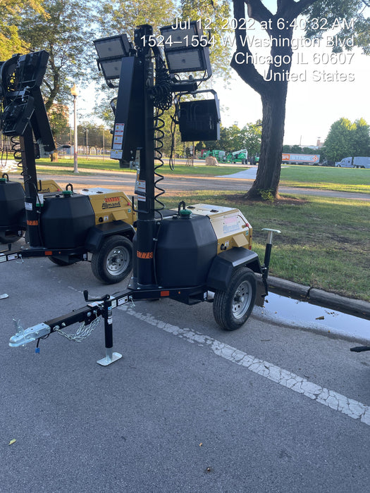 2022 Allmand NLV3GR (4) LED Light Fixture 350W, 23' Vertical Mast, 3kW Prime, Towable, Deep Sea L401, Leveling Jacks, Yanmar T4F 5.8hp