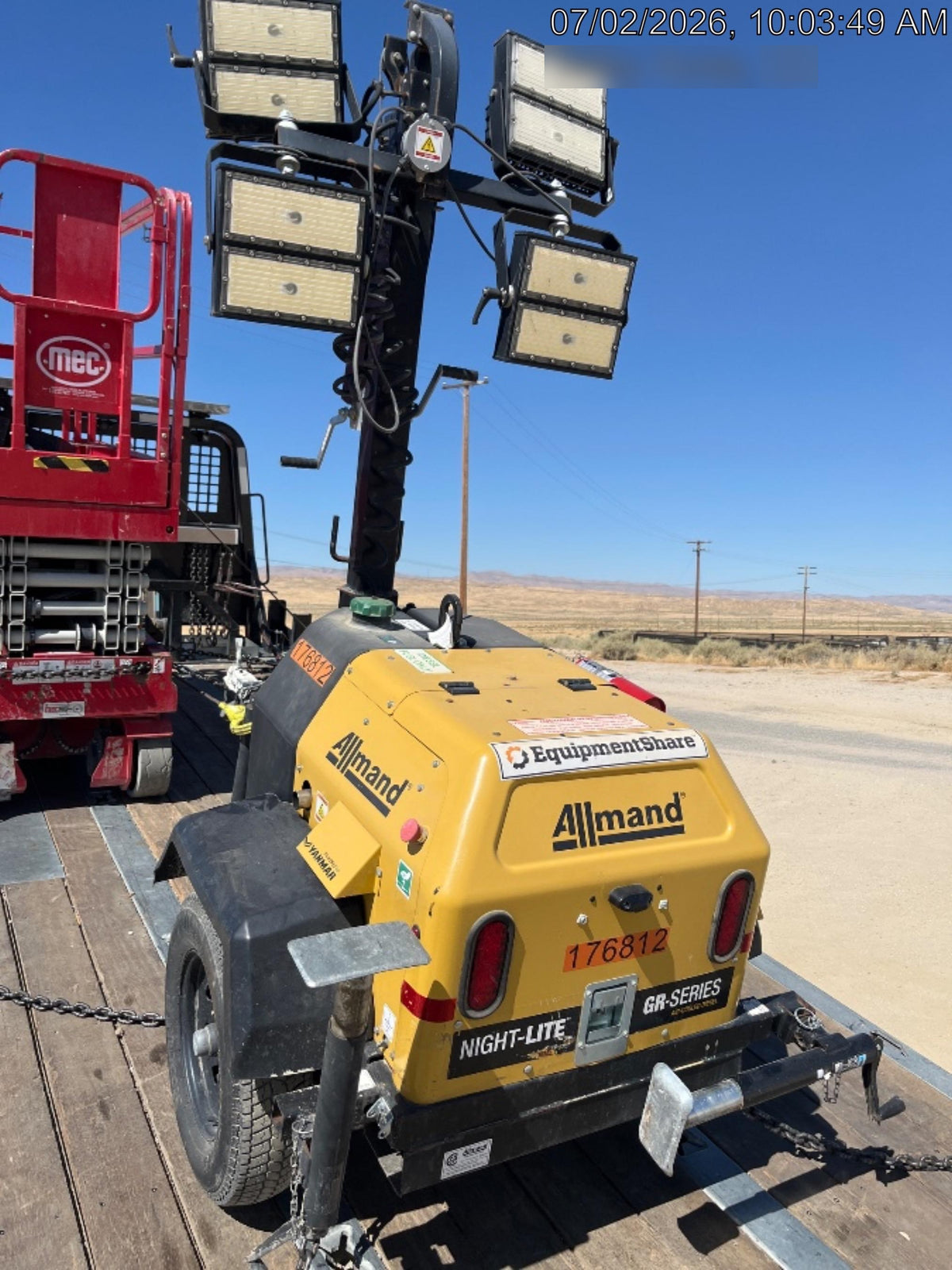 Allmand NLV3GR (4) LED Light Fixture 350W, 23' Vertical Mast, 3kW Prime, Towable, Deep Sea L401, Leveling Jacks, Yanmar T4F 5.8hp
