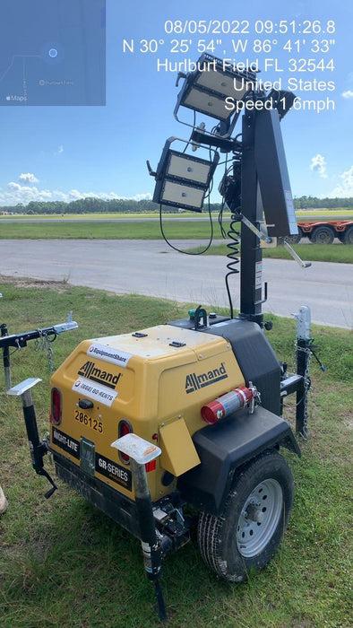 2022 Allmand NLV3GR (4) LED Light Fixture 350W, 23' Vertical Mast, 3kW Prime, Towable, Deep Sea L401, Leveling Jacks, Yanmar T4F 5.8hp