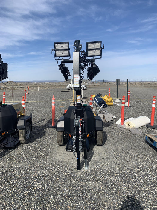 Allmand NLV3GR (4) LED Light Fixture 350W, 23' Vertical Mast, 3kW Prime, Towable, Deep Sea L401, Leveling Jacks, Yanmar T4F 5.8hp