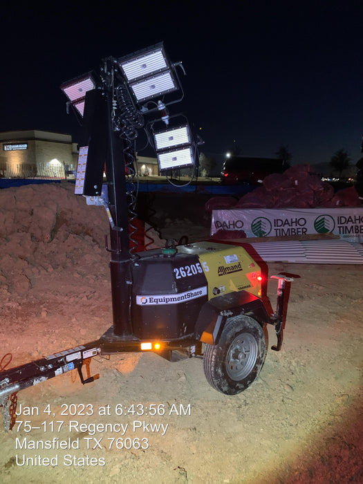 2022 Allmand NLV3GR (4) LED Light Fixture 350W, 23' Vertical Mast, 3kW Prime, Towable, ES Decals, T3