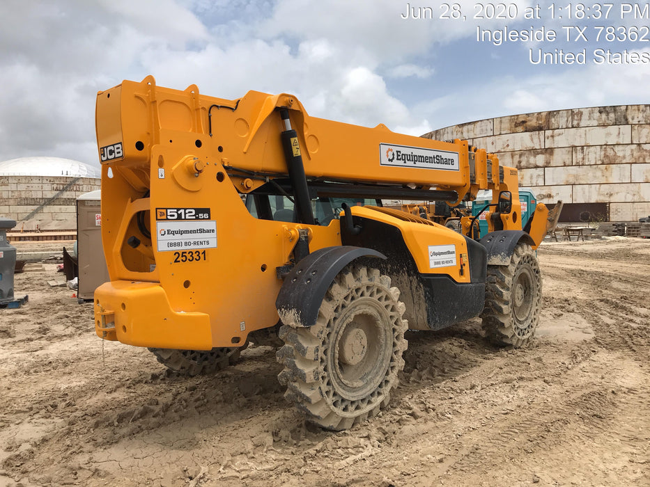 2019 JCB 512-56 109 HP w/CAB/HVAC, Beacon, Aux Hydraulics, Worklights, Solid Tires, 60" Carriage/Forks