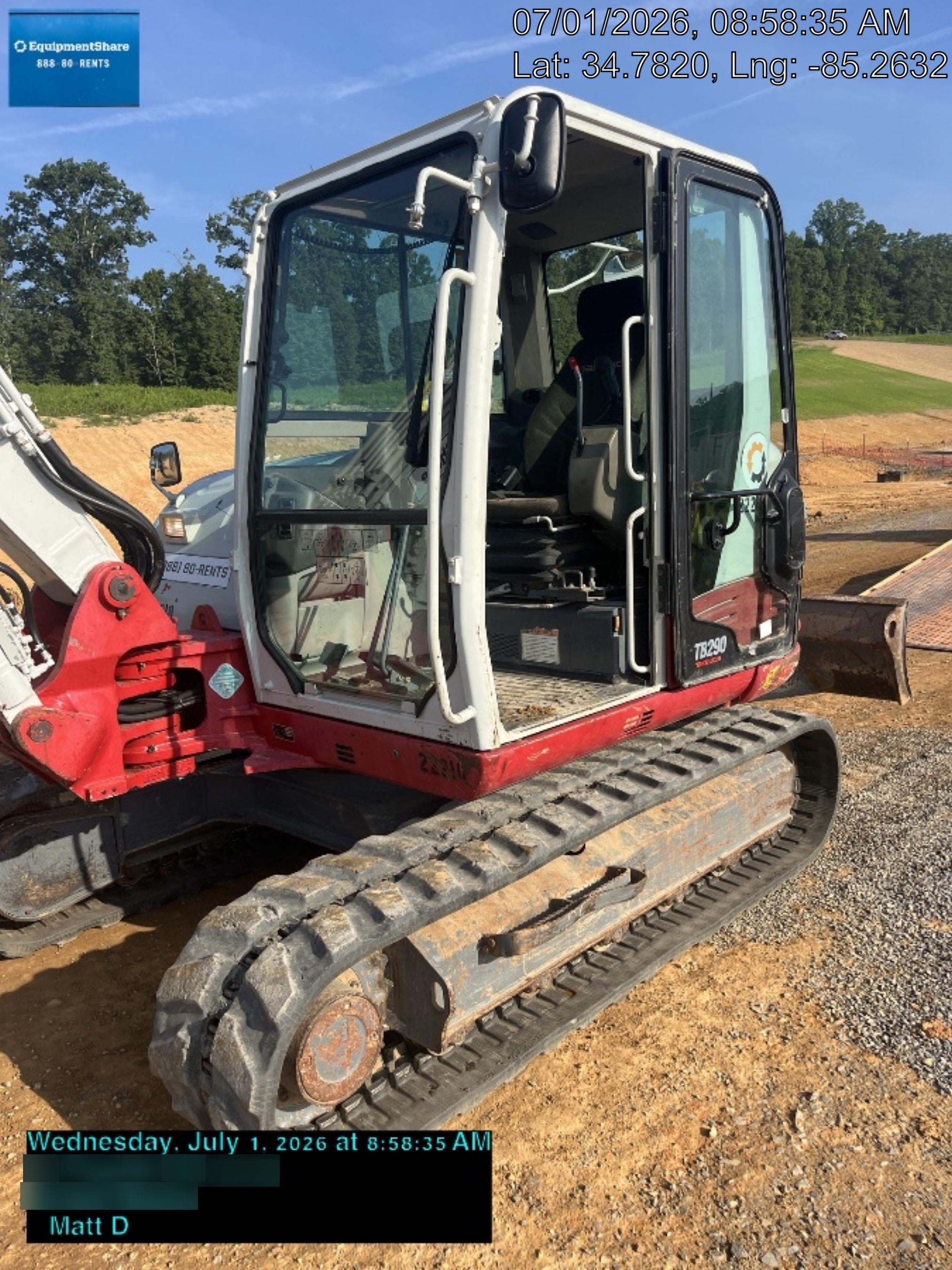 2019 Takeuchi TB290 Takeuchi TB290 Cab/Heat/AC w/Rubber Tracks, Auxiliary Hydraulics, Dozer Blade, Manual QC, 18/24/36" Buckets, Hydraulic Thumb Installed