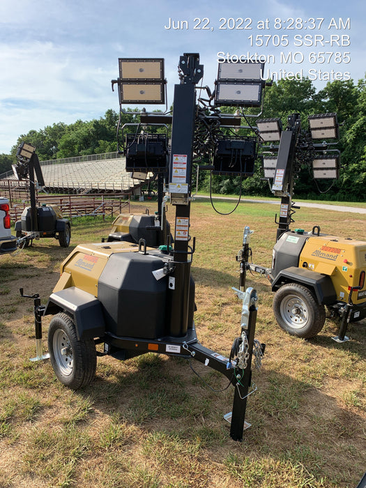 2022 Allmand NLV3GR (4) LED Light Fixture 350W, 23' Vertical Mast, 3kW Prime, Towable, Deep Sea L401, Leveling Jacks, Yanmar T4F 5.8hp