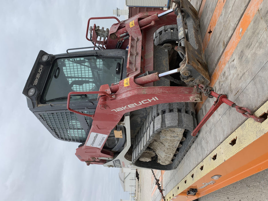2019 Takeuchi TL10V2-CR Cab/Heat/AC, Rubber Tracks, Backup Alarm, Front & rear working Lights, Auxiliary Hydraulics, 2 Speed Travel, Engine Monitoring System, Hydraulic universal quick hitch w/76" HD smooth dirt bucket with bolt-on edge, 20.3 cubic feet capacity, 48" Pallet forks and frame