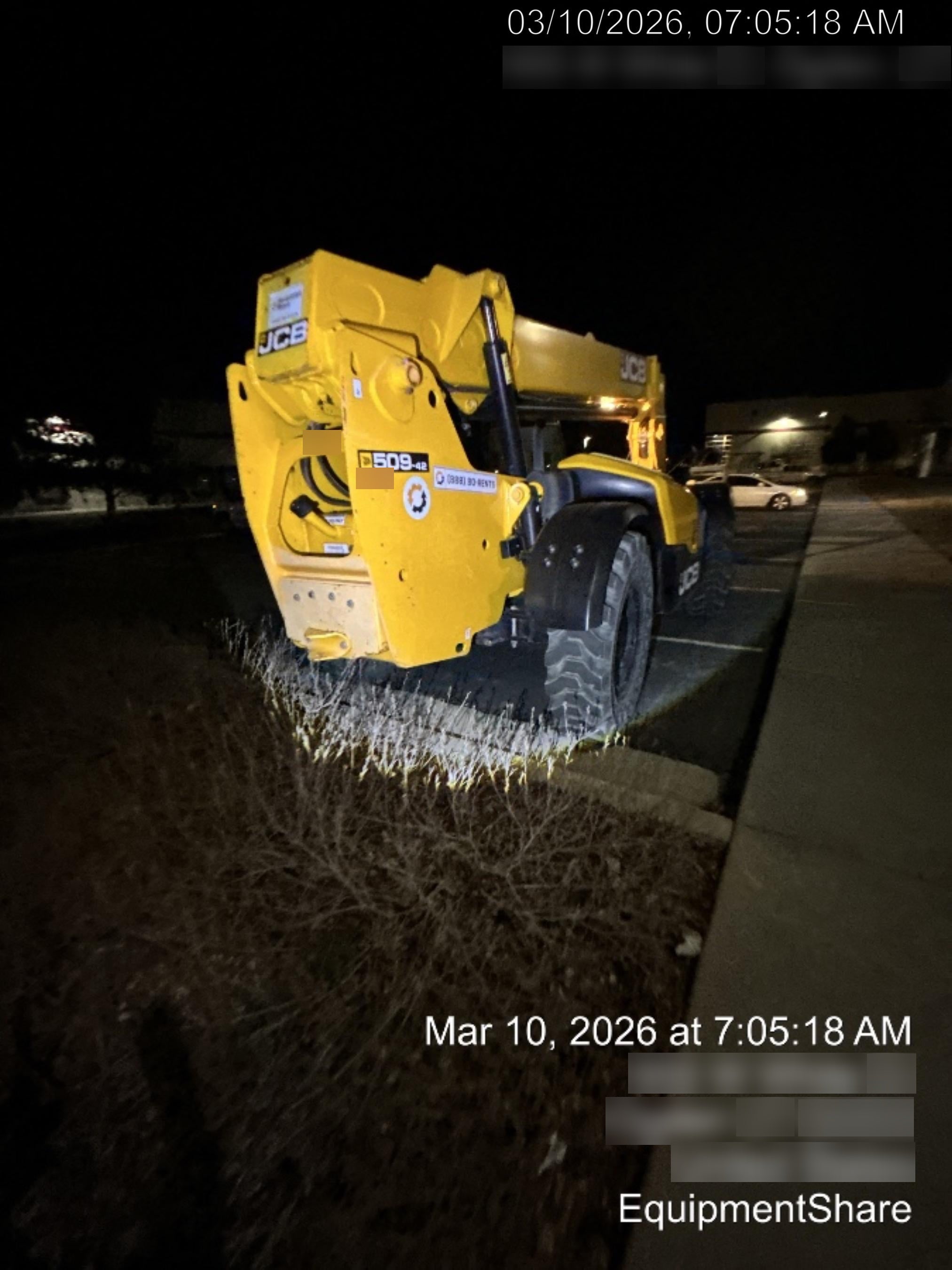 2019 JCB 509-42 Cab/Heat/Air, 74 HP, Solid Tires, STD Worklight, Beacon, Aux Hydraulics, Lifting Eye, Back up Alarm w/66" Carriage/60" Forks