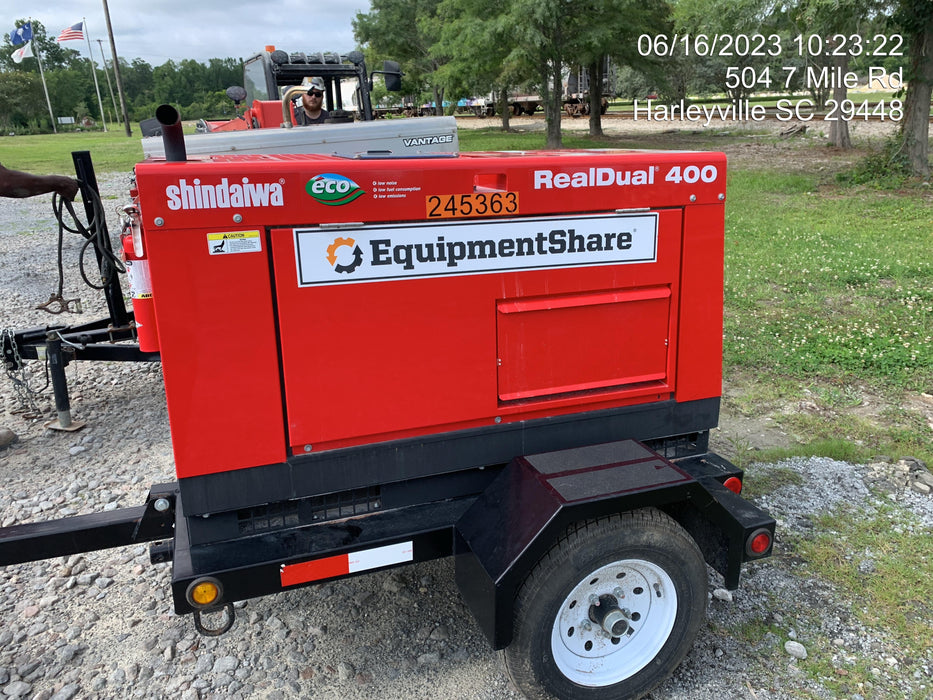 2022 Shindaiwa DGW400MDL Kubota D902 Engine, 23 HP, Dual Op Welder, Wire, Arc, Droop Stick, Tig, and CC Stick Functionality, Simulphase, 3 Phase and 1 Phase Gen Output, Single Axle NB Trlr, Slr Trckl Chrg 12V 12W, Fire Ext