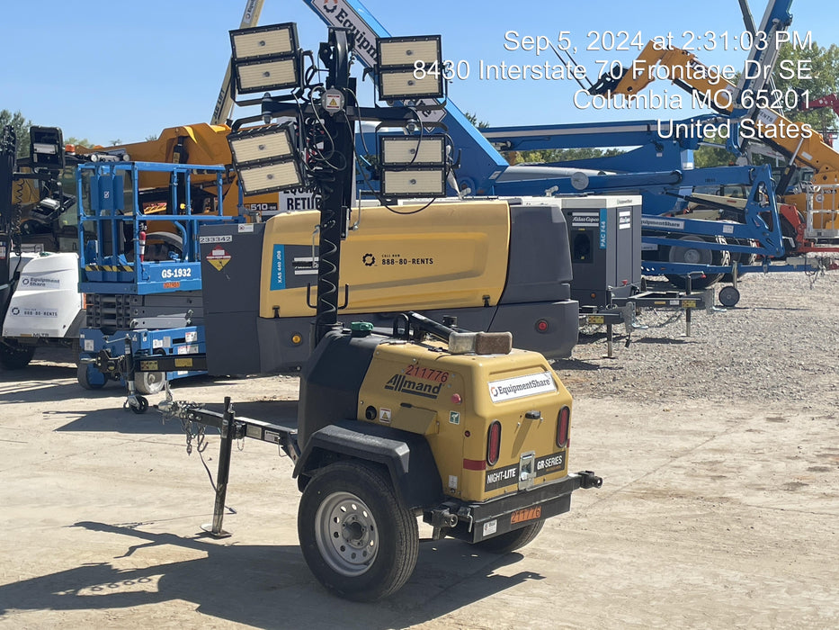 2022 Allmand NLV3GR (4) LED Light Fixture 350W, 23' Vertical Mast, 3kW Prime, Towable, Deep Sea L401, Leveling Jacks, Yanmar T4F 5.8hp