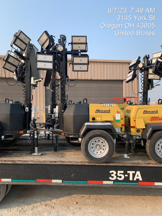 2022 Allmand NLV3GR (4) LED Light Fixture 350W, 23' Vertical Mast, 3kW Prime, Towable, Deep Sea L401, Leveling Jacks, Yanmar T4F 5.8hp