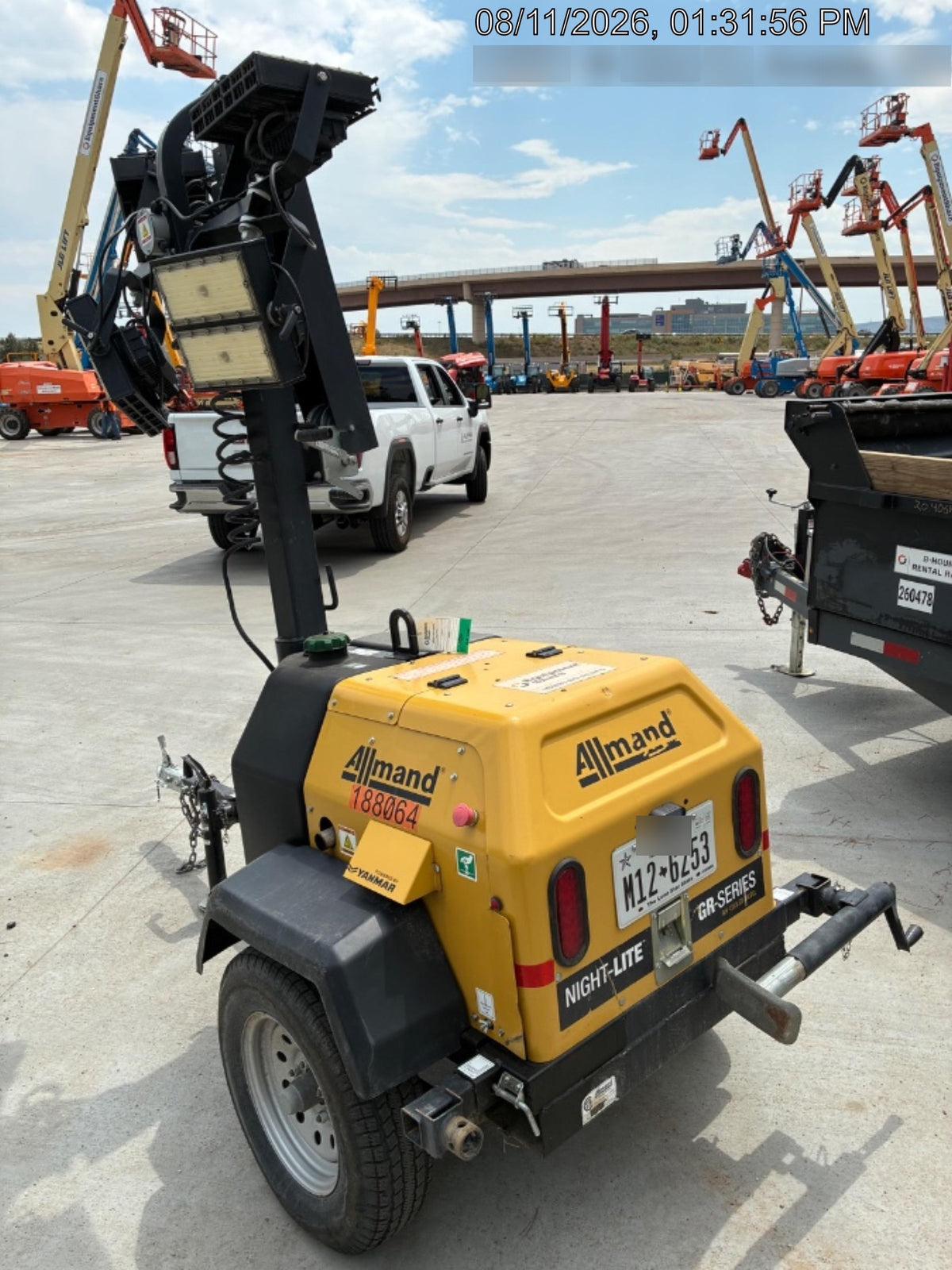 Allmand NLV3GR (4) LED Light Fixture 350W, 23' Vertical Mast, 3kW Prime, Towable, Deep Sea L401, Leveling Jacks, Yanmar T4F 5.8hp