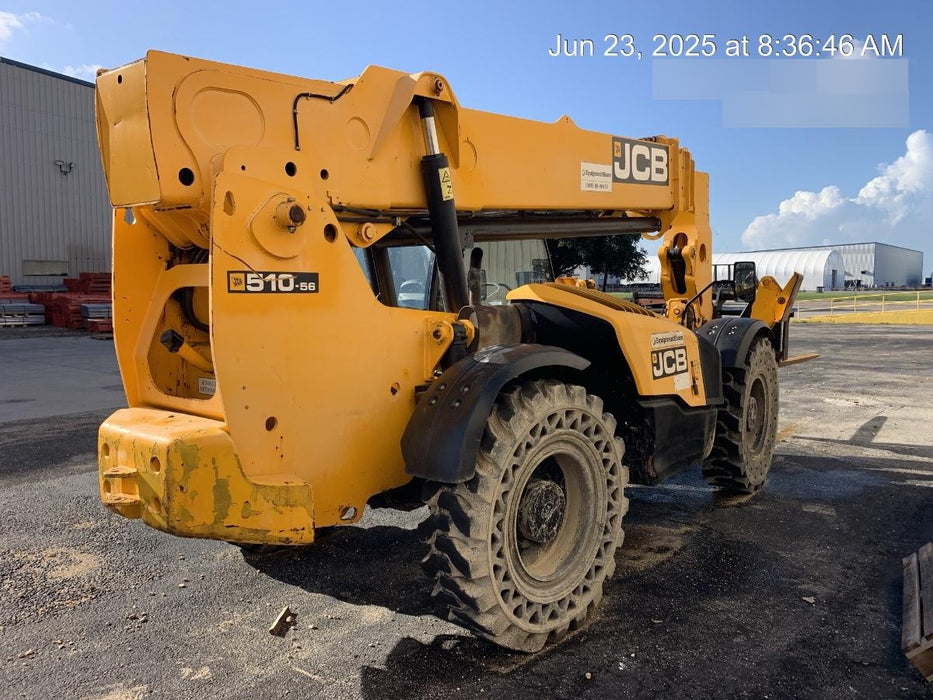 2019 JCB 510-56 74 HP w/Open ROPS, Beacon, Aux Hydraulics, Worklights, Solid Tires w/60" Carriage/Forks