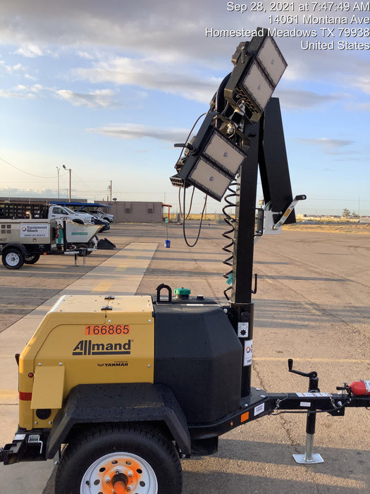 2021 Allmand NLV3GR (4) LED Light Fixture 350W, 23' Vertical Mast, 3kW Prime, Towable, Deep Sea L401, Leveling Jacks, Yanmar T4F 5.8hp