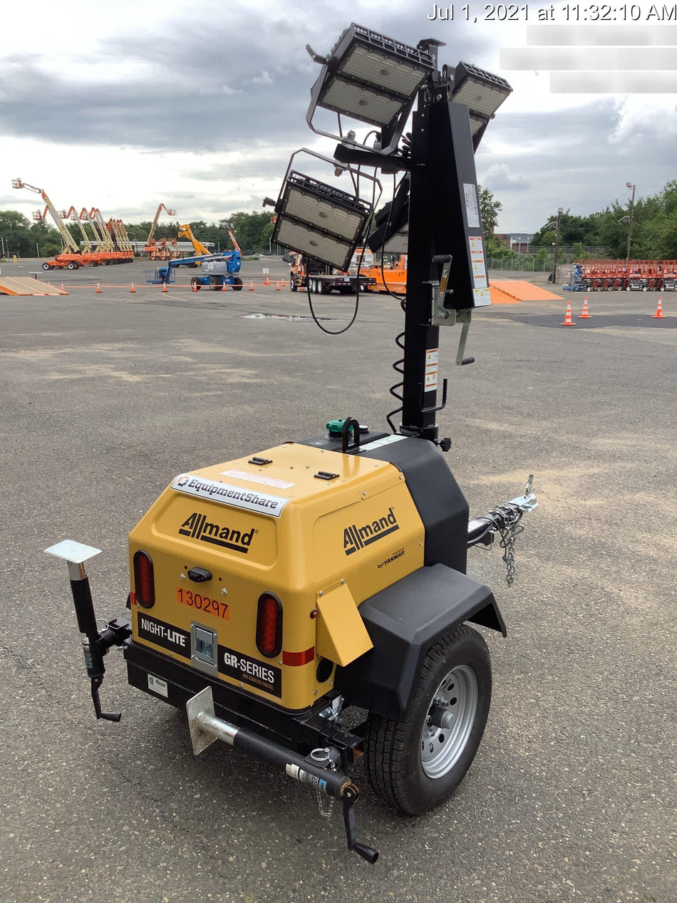 2021 Allmand NLV3GR (4) LED Light Fixture 350W, 23' Vertical Mast, 3kW Prime, Towable, Deep Sea L401, Leveling Jacks, Yanmar T4F 5.8hp