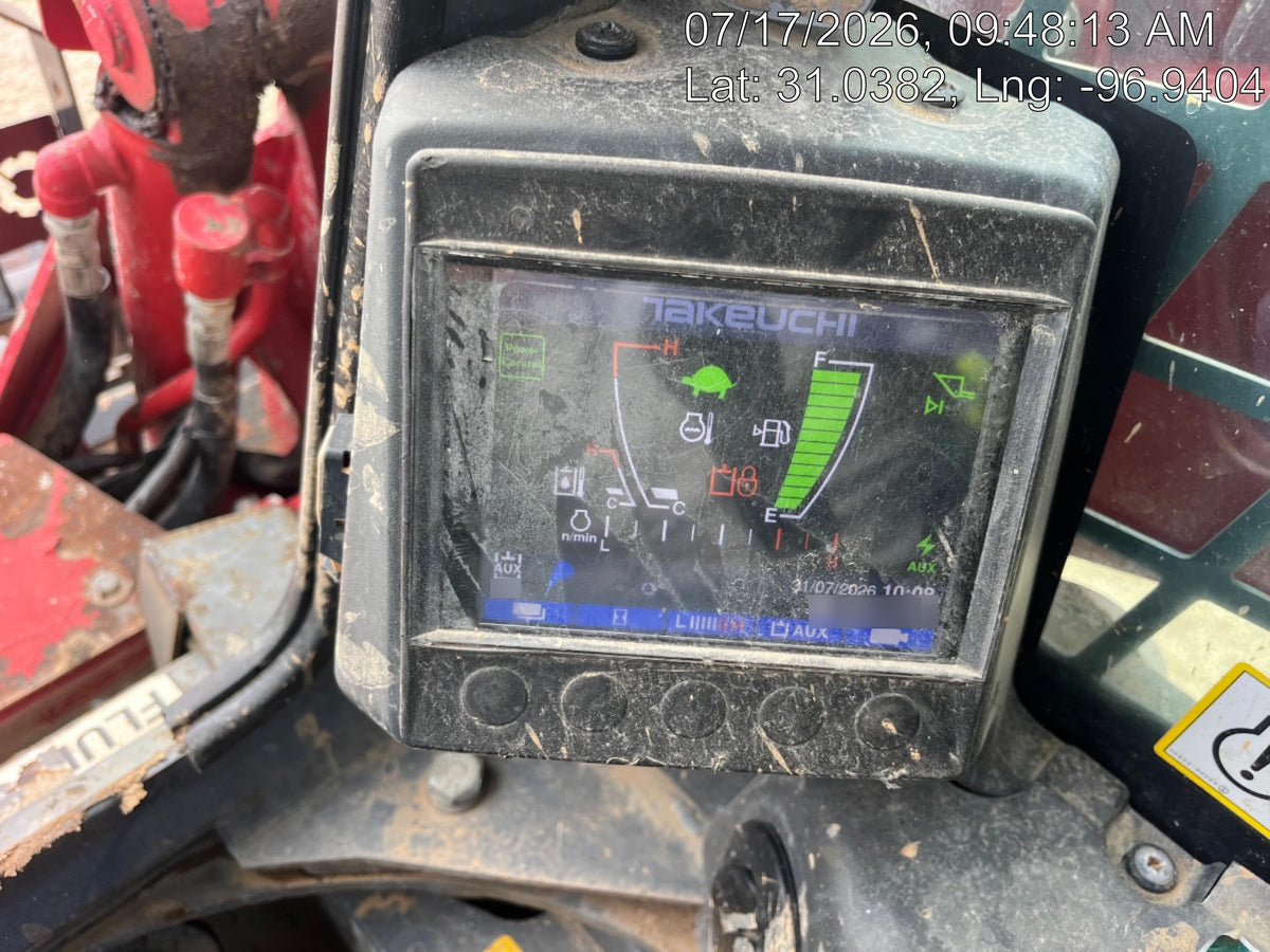 2019 Takeuchi TL10V2-CR Cab/Heat/AC, Rubber Tracks, Backup Alarm, Front & rear working Lights, Auxiliary Hydraulics, 2 Speed Travel, Engine Monitoring System, Hydraulic universal quick hitch w/76" HD smooth dirt bucket with bolt-on edge, 20.3 cubic feet capacity, 48" Pallet forks and frame