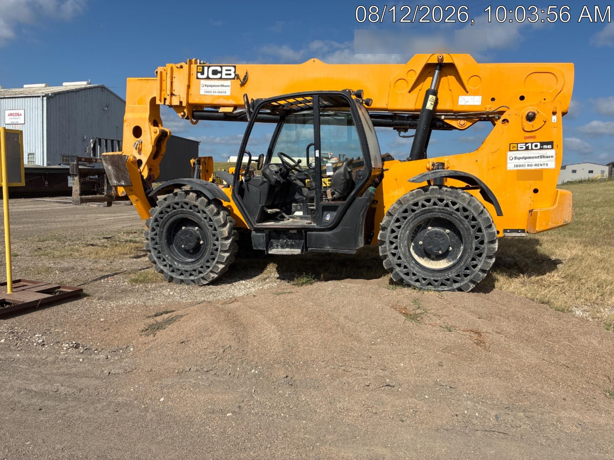 2019 JCB 510-56 Open ROPS, 74 HP, Solid Tires, Worklights, Beacon, Aux Hydraulics, Lifting Eye 66" Carriage/60" Forks