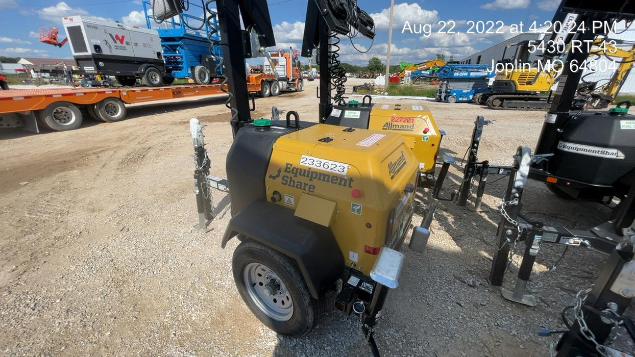 2022 Allmand NLV3GR (4) LED Light Fixture 350W, 23' Vertical Mast, 3kW Prime, Towable, Deep Sea L401, Leveling Jacks, Yanmar T4F 5.8hp