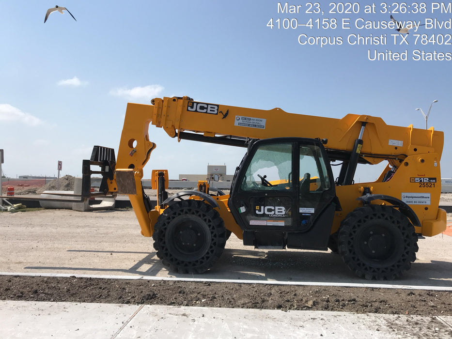 2019 JCB 512-56 109 HP w/CAB/HVAC, Beacon, Aux Hydraulics, Worklights, Solid Tires w/60" Carriage/Forks