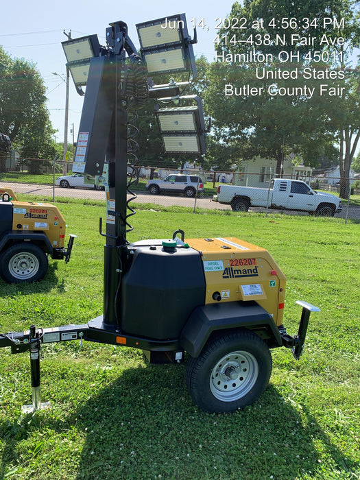 2022 Allmand NLV3GR (4) LED Light Fixture 350W, 23' Vertical Mast, 3kW Prime, Towable, Deep Sea L401, Leveling Jacks, Yanmar T4F 5.8hp