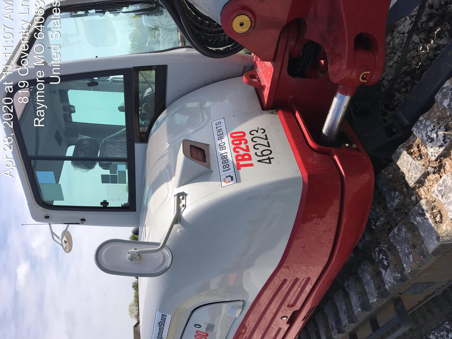 2019 Takeuchi TB290 Cab/Heat/AC Rubber tracks, Dozer blade, Travel alarm, Auxiliary hydraulics w/Manual QC, Hydraulic thumb, 18", 24", and 36" Buckets