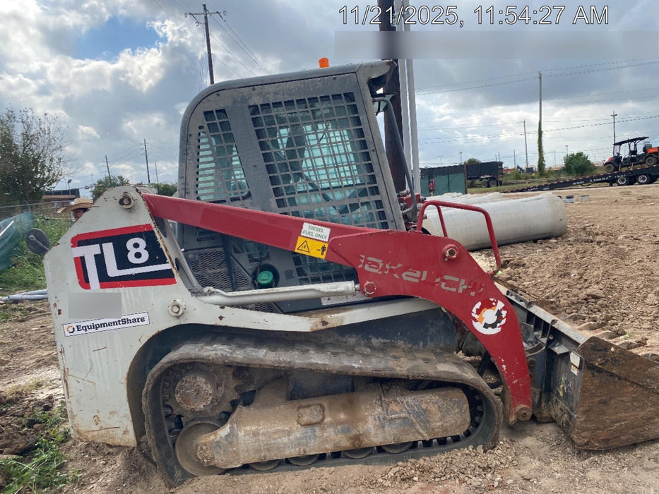2019 Takeuchi TL8 Cab, Heat/AC, Defroster, 15" Wide Rubber Tracks, Back-up Alarm, Front & Rear Working Lights, Auxiliary Hydraulics, Two-Speed Travel, Electronic Monitoring System, Hydraulic Universal Quick Hitch 76" HD Dirt Bucket with 8 Teeth, 20.3 cubic feet Capacity