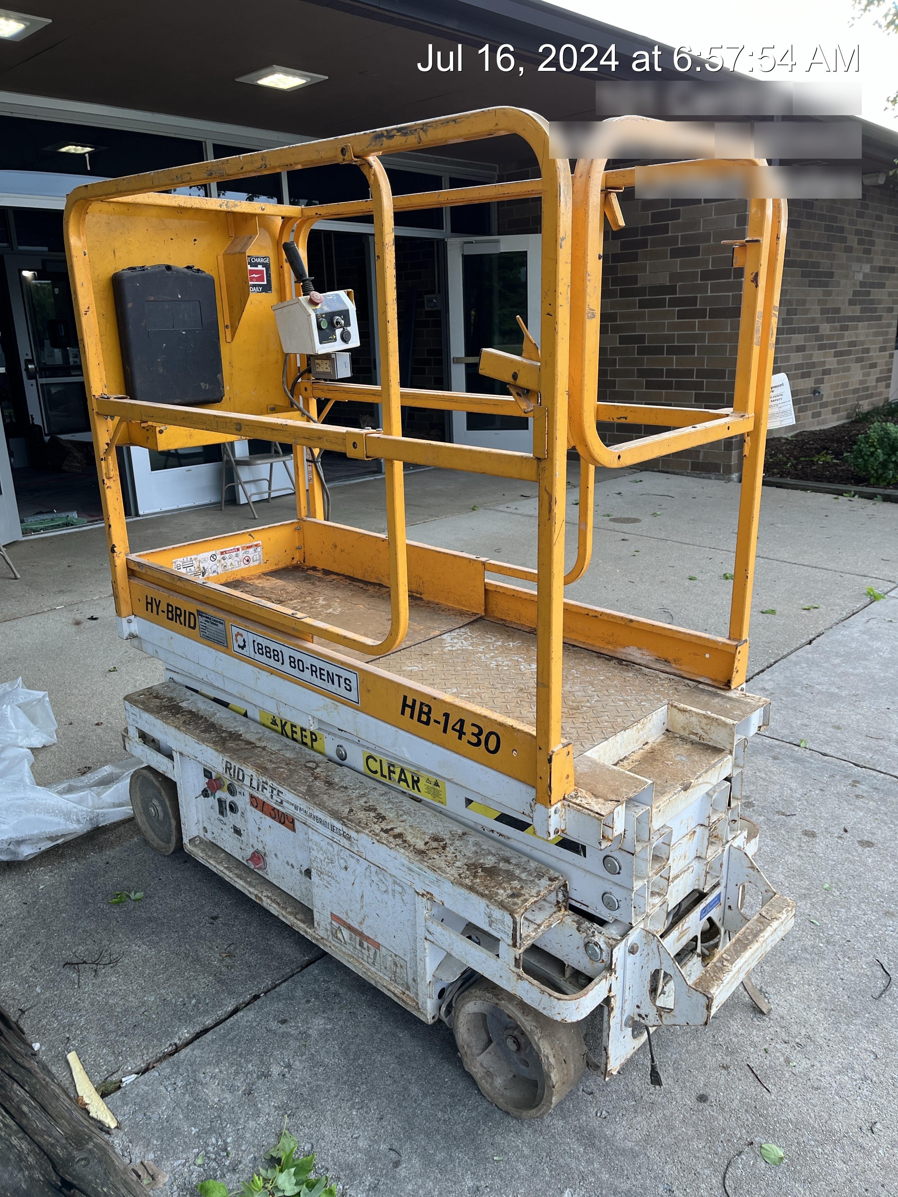 Custom Equipment HB-1430 <ul>
 <li>Hy-Brid Scissor Lift</li>
  <li>Platform capacity up to 670 lbs.</li>
  <li>Working height up to 20 ft</li>
  <li>Weighs under 1,700 lbs.</li>
  <li>Non-marking wheels </li>
</ul>