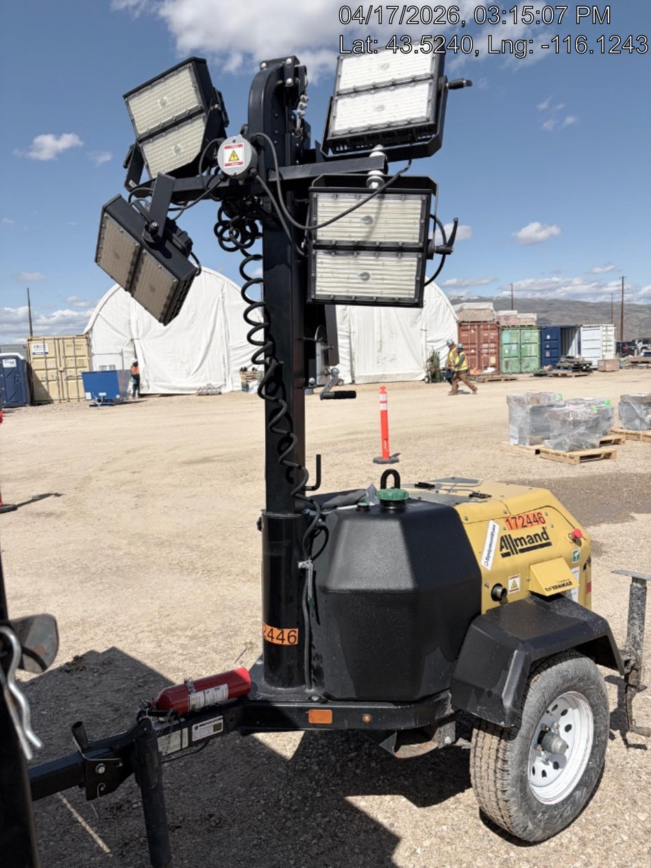 2021 Allmand NLV3GR (4) LED Light Fixture 350W, 23' Vertical Mast, 3kW Prime, Towable, Deep Sea L401, Leveling Jacks, Yanmar T4F 5.8hp