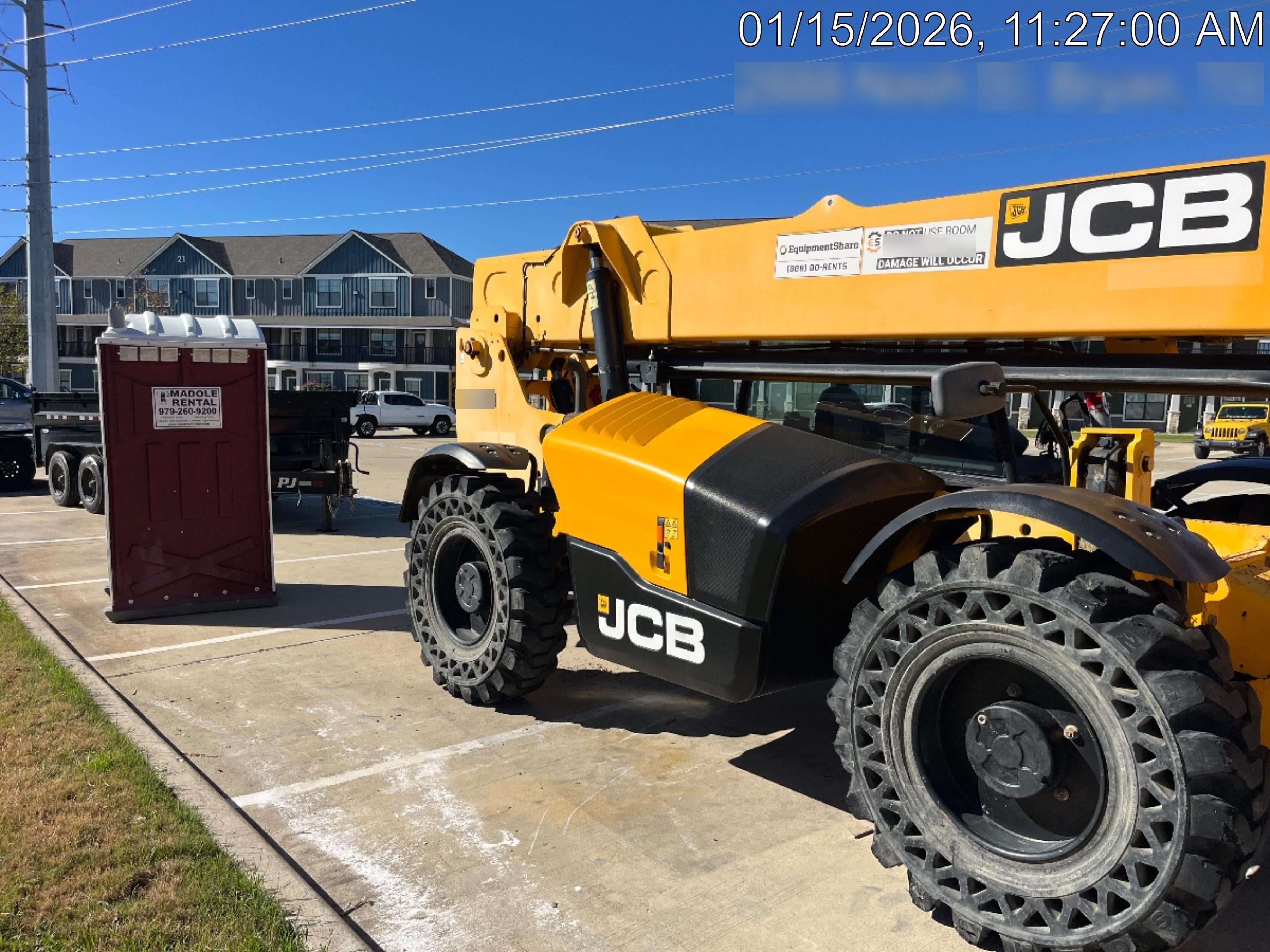 2019 JCB 510-56 Open ROPS, 74 HP, Solid Tires, Worklights, Beacon, Aux Hydraulics, Lifting Eye 72" Carriage/60" Forks