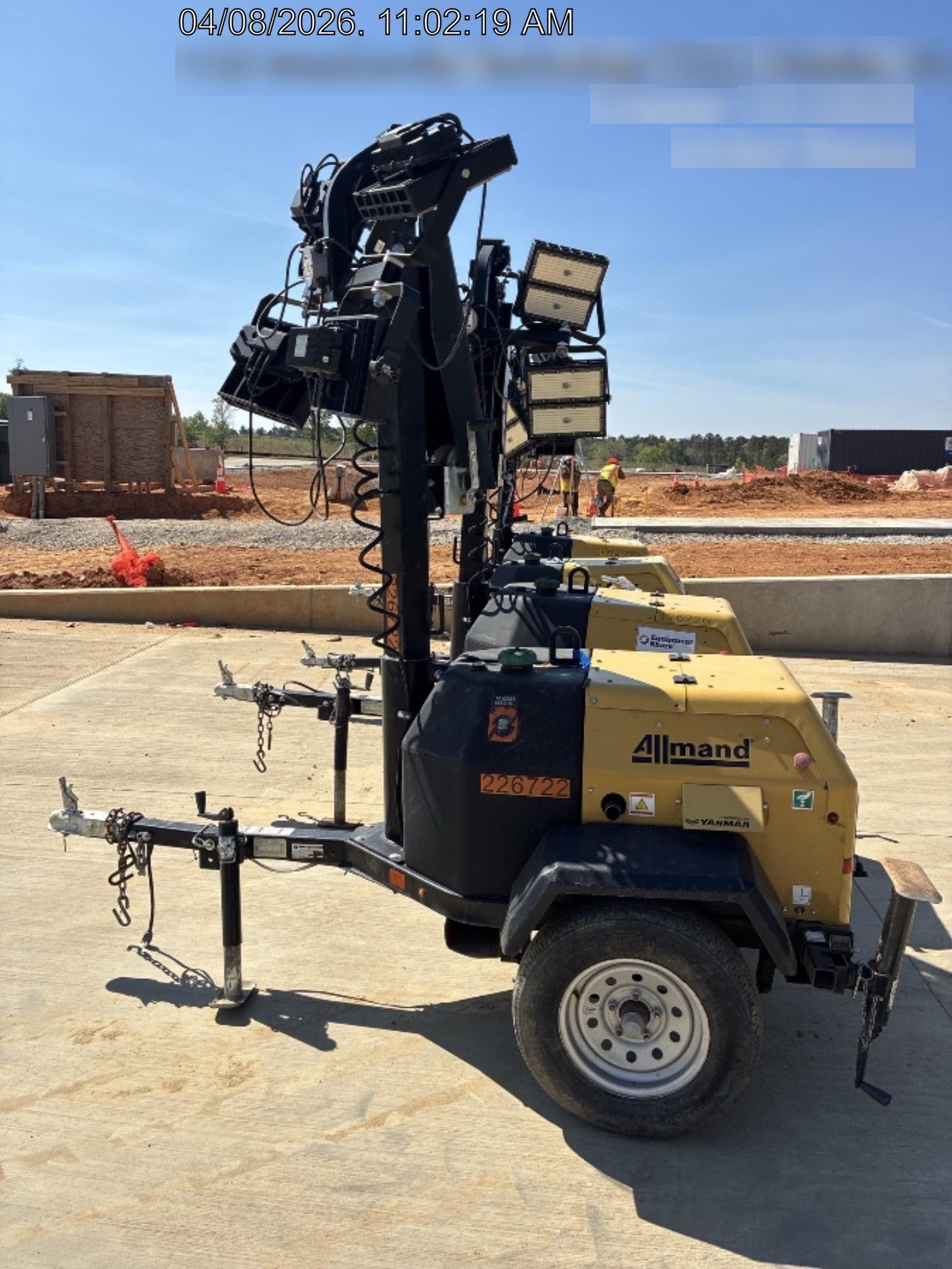 2022 Allmand NLV3GR (4) LED Light Fixture 350W, 23' Vertical Mast, 3kW Prime, Towable, Deep Sea L401, Leveling Jacks, Yanmar T4F 5.8hp