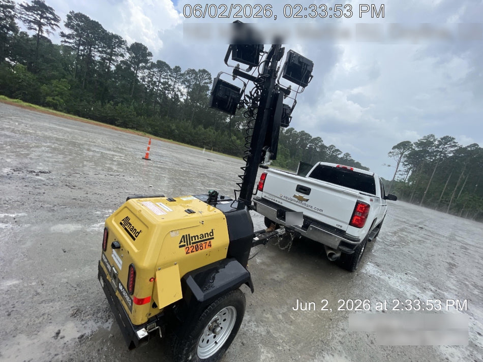 2022 Allmand NLV3GR (4) LED Light Fixture 350W, 23' Vertical Mast, 3kW Prime, Towable, Deep Sea L401, Leveling Jacks, Yanmar T4F 5.8hp