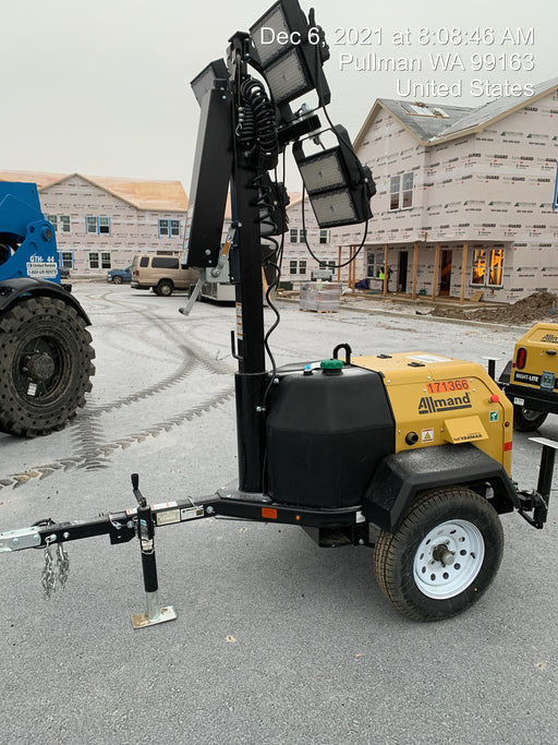 2021 Allmand NLV3GR (4) LED Light Fixture 350W, 23' Vertical Mast, 3kW Prime, Towable, Deep Sea L401, Leveling Jacks, Yanmar T4F 5.8hp