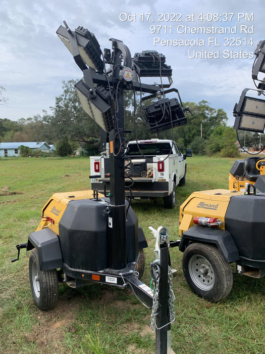 2022 Allmand NLV3GR (4) LED Light Fixture 350W, 23' Vertical Mast, 3kW Prime, Towable, Deep Sea L401, Leveling Jacks, Yanmar T4F 5.8hp