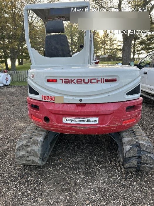2019 Takeuchi TB260 Takeuchi TB260 Canopy w/Rubber Tracks, Auxiliary Hydraulics, Standard Blade, Manual QC, 12 / 18 / 24" Buckets, Hydraulic Thumb Installed