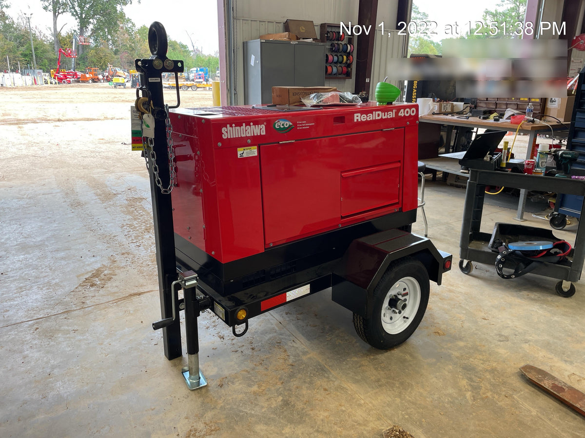 2022 Shindaiwa DGW400MDL Kubota D902 Engine, 23 HP, Dual Op Welder, Wire, Arc, Droop Stick, Tig, and CC Stick Functionality, Simulphase, 3 Phase and 1 Phase Gen Output, Single Axle NB Trlr, Slr Trckl Chrg 12V 12W, Fire Ext