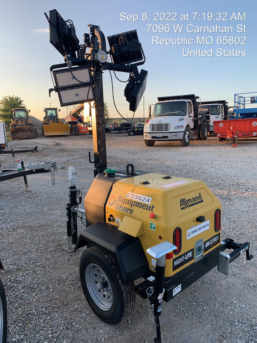 2022 Allmand NLV3GR (4) LED Light Fixture 350W, 23' Vertical Mast, 3kW Prime, Towable, Deep Sea L401, Leveling Jacks, Yanmar T4F 5.8hp