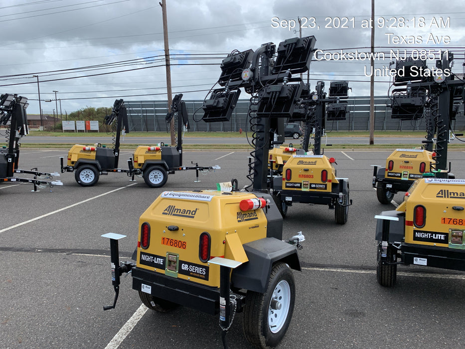 Allmand NLV3GR (4) LED Light Fixture 350W, 23' Vertical Mast, 3kW Prime, Towable, Deep Sea L401, Leveling Jacks, Yanmar T4F 5.8hp