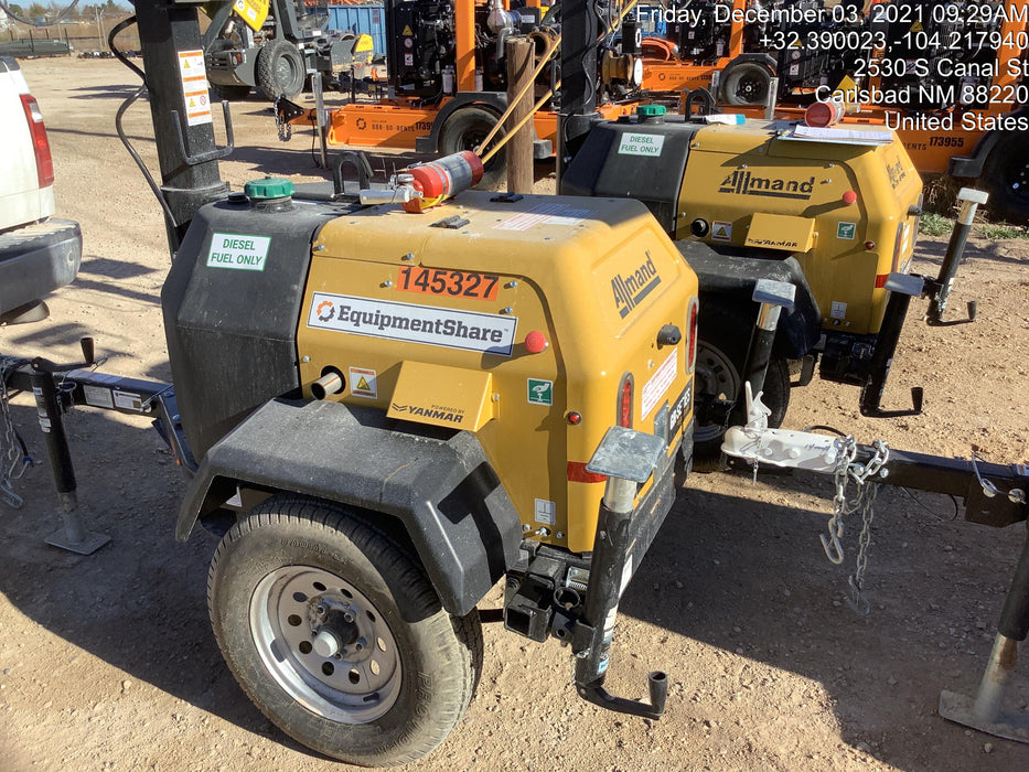 2021 Allmand NLV3GR (4) LED Light Fixture 350W, 23' Vertical Mast, 3kW Prime, Towable, Deep Sea L401, Leveling Jacks, Yanmar T4F 5.8hp