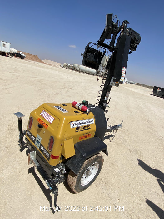 Allmand NLV3GR (4) LED Light Fixture 350W, 23' Vertical Mast, 3kW Prime, Towable, Deep Sea L401, Leveling Jacks, Yanmar T4F 5.8hp