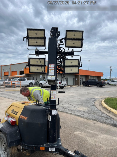 Allmand NLV3GR (4) LED Light Fixture 350W, 23' Vertical Mast, 3kW Prime, Towable, Deep Sea L401, Leveling Jacks, Yanmar T4F 5.8hp