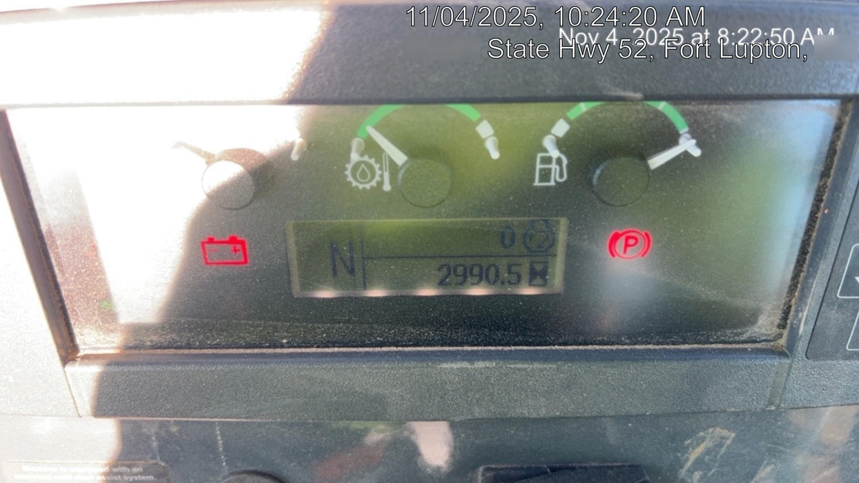 2019 John Deere 410L 4WD, CAB/HVAC, Standard Dipperstick, ISO Controls, Rear Aux Hydraulics, Manual QC w/1.5 Yd Bucket w/Forks, 24" Bucket