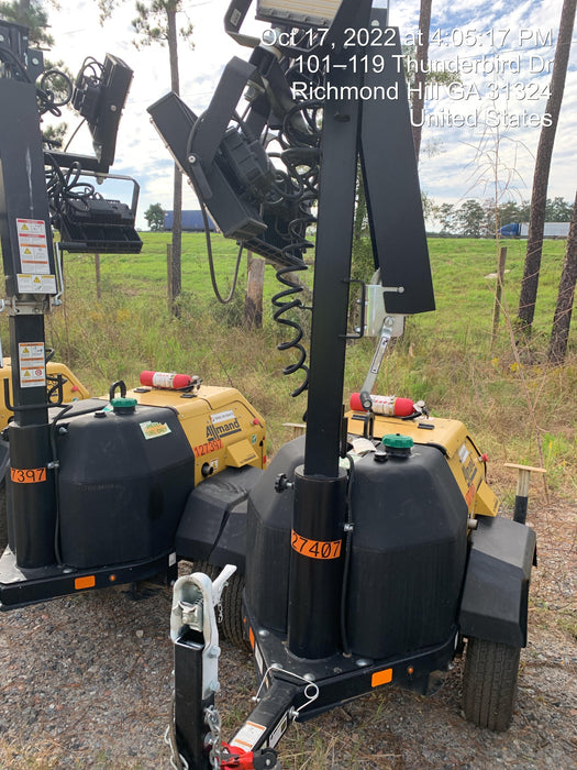 2021 Allmand NLV3GR (4) LED Light Fixture 350W, 23' Vertical Mast, 3kW Prime, Towable, Deep Sea L401, Leveling Jacks, Yanmar T4F 5.8hp