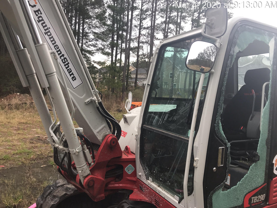2019 Takeuchi TB290 Cab, AC, Rubber Tracks, Dozer Blade, Travel Alarm, Control Pattern Change Valve, Auxiliary Hydraulics w/18" Quick Coupler Bucket with teeth, 6.2 cu. ft. capacity/24" Quick Coupler Bucket with teeth, 8.6 cu. ft. capacity/36" Quick Coupler Bucket with teeth, 13.4 cu. ft. capacity, Quick Coupler, Hydraulic Thumb Installed