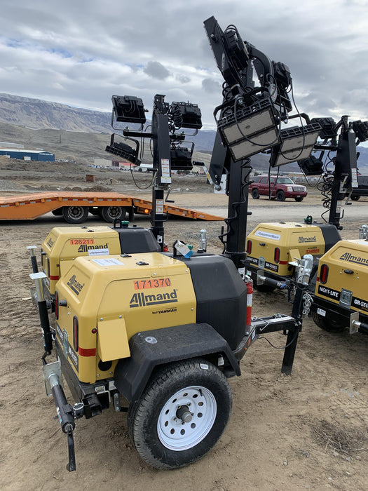 2021 Allmand NLV3GR (4) LED Light Fixture 350W, 23' Vertical Mast, 3kW Prime, Towable, Deep Sea L401, Leveling Jacks, Yanmar T4F 5.8hp