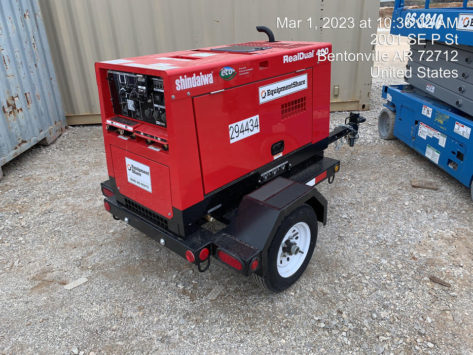 2023 Shindaiwa DGW400MDL Kubota D902 Engine, 23 HP, Dual Op Welder, Wire, Arc, Droop Stick, Tig, and CC Stick Functionality, Simulphase, 3 Phase and 1 Phase Gen Output, Single Axle NB Trlr, Slr Trckl Chrg 12V 12W, Fire Ext